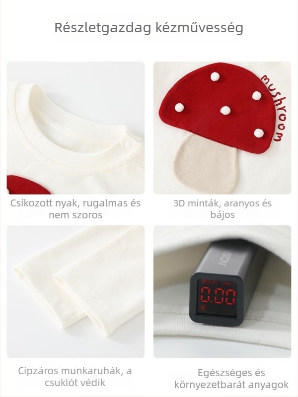 Uniszex gyerek pamut felső hosszú ujjú, kerek nyakú, 95% pamut + 5% spandex, Cartoon gomba mintával