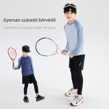 Fiúknak szóló őszi tollaslabda hosszú ujjú póló – nedvességelvezető nylonkeverék, kerek nyak, 8+ év, Koreai stílus