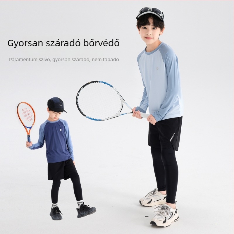 Fiúknak szóló őszi tollaslabda hosszú ujjú póló – nedvességelvezető nylonkeverék, kerek nyak, 8+ év, Koreai stílus