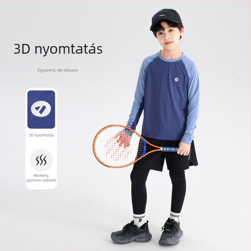 Fiúknak szóló őszi tollaslabda hosszú ujjú póló – nedvességelvezető nylonkeverék, kerek nyak, 8+ év, Koreai stílus