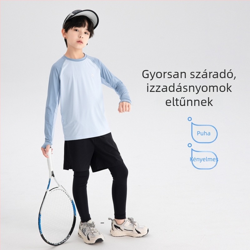 Fiúknak szóló őszi tollaslabda hosszú ujjú póló – nedvességelvezető nylonkeverék, kerek nyak, 8+ év, Koreai stílus