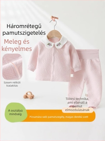 Két darabos baba szett hosszú ujjú felsővel és hosszú nadrággal, 100% pamut, puha bolyhozott anyag, vastag, újszülött–1 éves korig, téli–tavaszi–ősz.