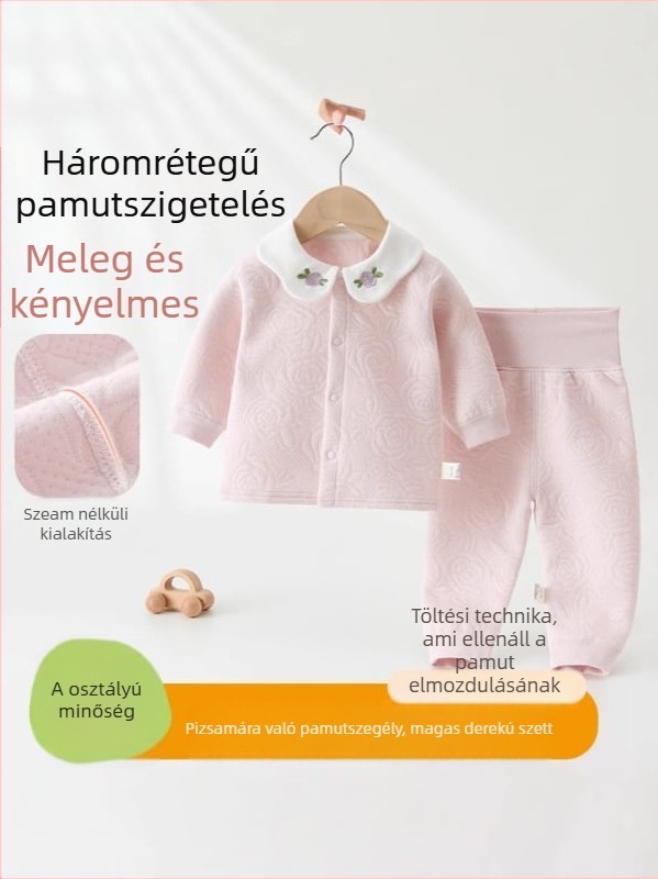 Két darabos baba szett hosszú ujjú felsővel és hosszú nadrággal, 100% pamut, puha bolyhozott anyag, vastag, újszülött–1 éves korig, téli–tavaszi–ősz.