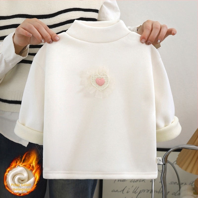 Meleg fleece felső lányoknak hosszú ujjú, magas gallérral, koreai stílus, kapucni nélküli, Aurora Fleece anyag, 95% poliészter, téli/őszre