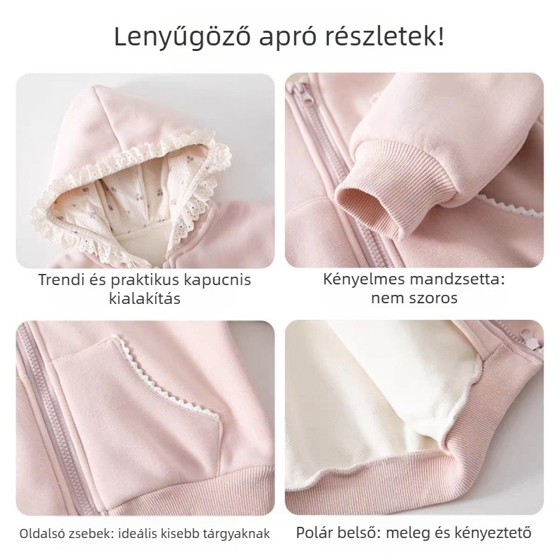 Gyerekeknek kapucnis kabát szőrme béléses, pamut-keverék anyagból, rövid fazon, cipzáras zárás