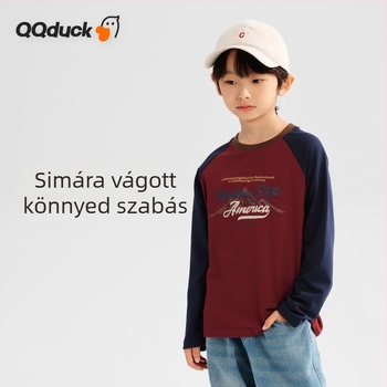 QQduck Fiúknak való hosszú ujjú T‑Póló kerek nyakkal, 92% pamut keverék, hétköznapi gyerek felső