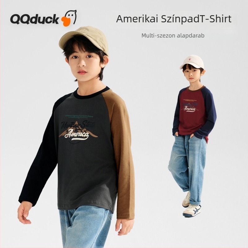 QQduck Fiúknak való hosszú ujjú T‑Póló kerek nyakkal, 92% pamut keverék, hétköznapi gyerek felső