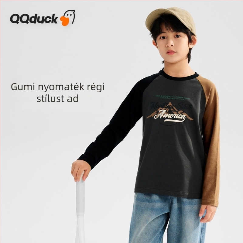 QQduck Fiúknak való hosszú ujjú T‑Póló kerek nyakkal, 92% pamut keverék, hétköznapi gyerek felső