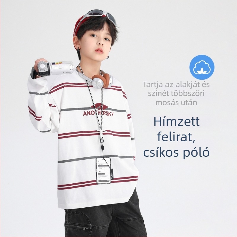 Gyerekeknek pamut hosszú ujjú felső, Koreai stílus, csíkos betűkkel, környak