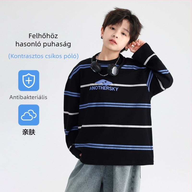 Gyerekeknek pamut hosszú ujjú felső, Koreai stílus, csíkos betűkkel, környak