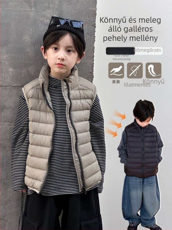 Gyerekek pufos mellény, kacsa tollal töltött, 81-85%, külső nylon anyag, ujj nélküli, cipzárral, koreai stílus