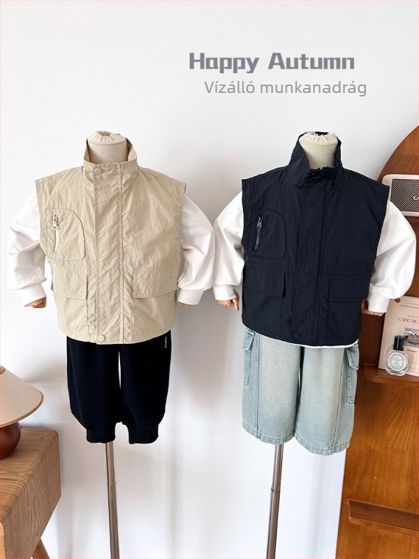 Gyerek mellény, Koreai stílusú magas galléval, külső Nylon/Polyamide, bélés Polyester, cipzáras zárás, uniszex, tavasz–ősz