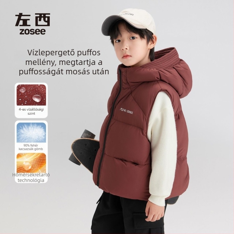 Gyerekeknek kapucnis tollas mellény, koreai stílus, poliészter külső, téli viselet