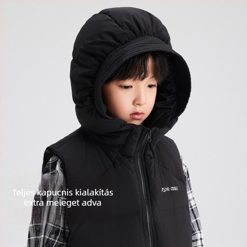 Gyerekeknek kapucnis tollas mellény, koreai stílus, poliészter külső, téli viselet