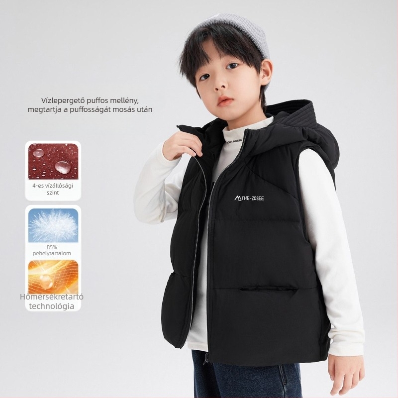 Gyerekeknek kapucnis tollas mellény, koreai stílus, poliészter külső, téli viselet