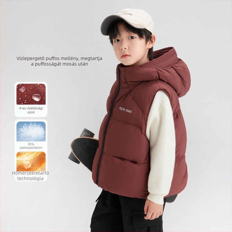 Gyerekeknek kapucnis tollas mellény, koreai stílus, poliészter külső, téli viselet
