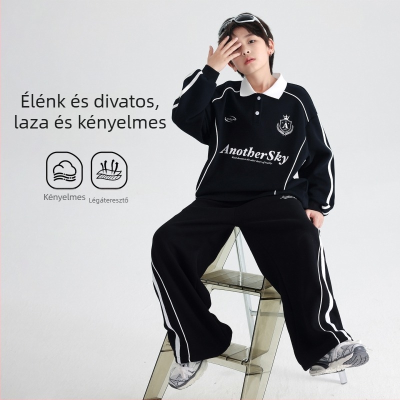 Két darabos gyerek polo készlet Koreai stílusban, hosszú ujjú, pamut, betűs mintázat