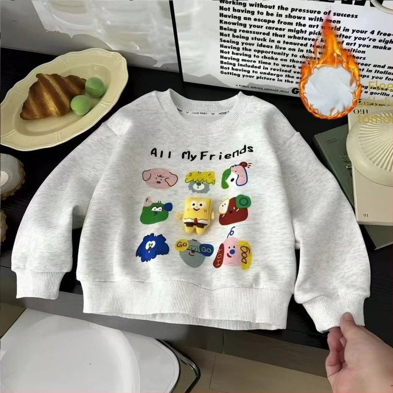 Gyerek fleece pulóver rajzfilm mintával, vastag fleece, kapucni nélküli, hosszú ujjú, 55% pamut poliészter bélés