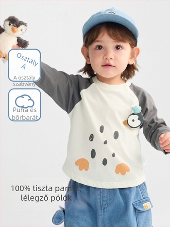 Gyerekeknek készült hosszúujjú póló, cartoon mintával, kerek nyakú, 100% pamut, 1–8 éveseknek