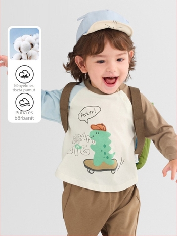 Gyerekeknek készült hosszúujjú póló, cartoon mintával, kerek nyakú, 100% pamut, 1–8 éveseknek