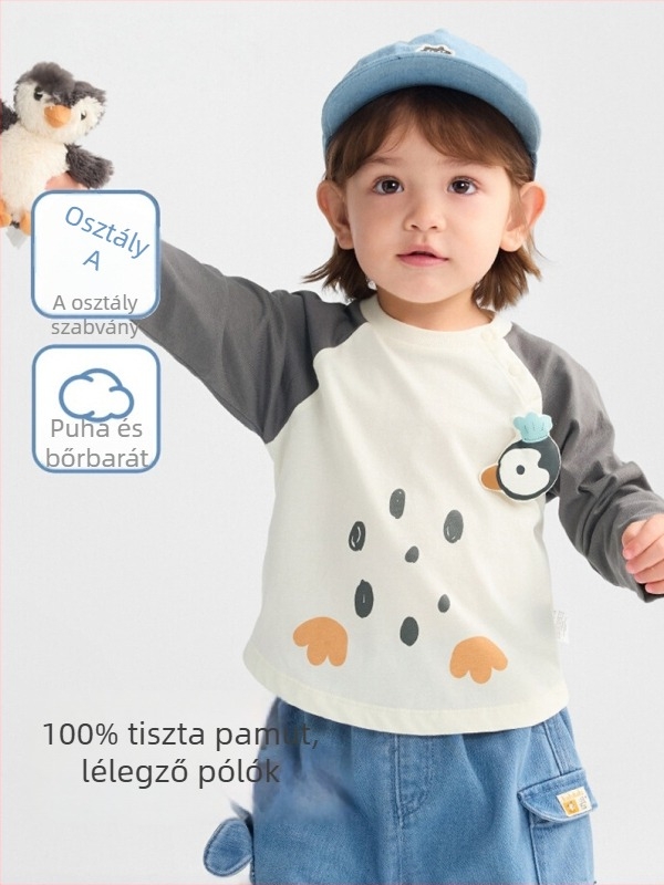 Gyerekeknek készült hosszúujjú póló, cartoon mintával, kerek nyakú, 100% pamut, 1–8 éveseknek