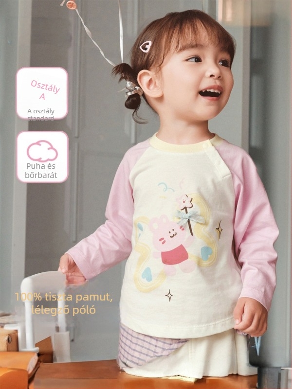 Gyerekeknek készült hosszúujjú póló, cartoon mintával, kerek nyakú, 100% pamut, 1–8 éveseknek