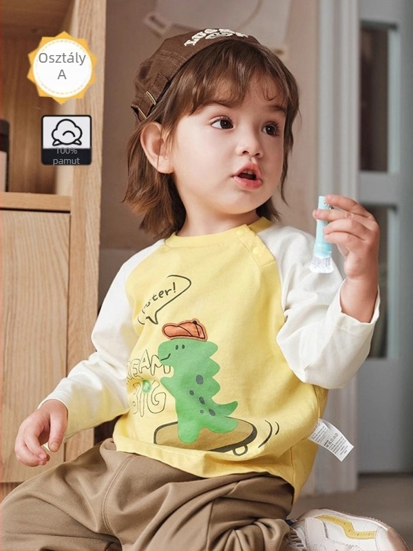 Gyerekeknek készült hosszúujjú póló, cartoon mintával, kerek nyakú, 100% pamut, 1–8 éveseknek