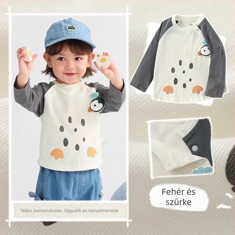 Gyerekeknek készült hosszúujjú póló, cartoon mintával, kerek nyakú, 100% pamut, 1–8 éveseknek