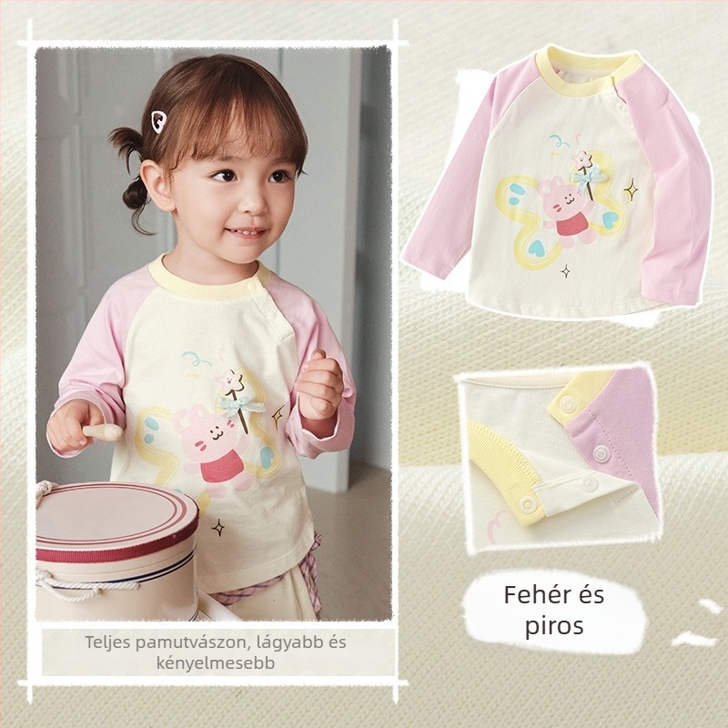 Gyerekeknek készült hosszúujjú póló, cartoon mintával, kerek nyakú, 100% pamut, 1–8 éveseknek