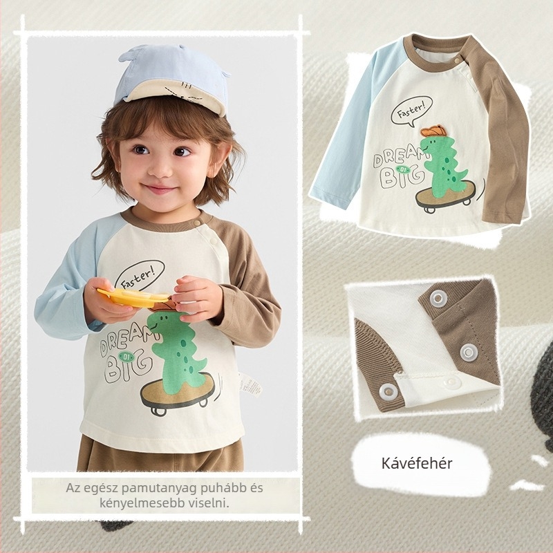 Gyerekeknek készült hosszúujjú póló, cartoon mintával, kerek nyakú, 100% pamut, 1–8 éveseknek