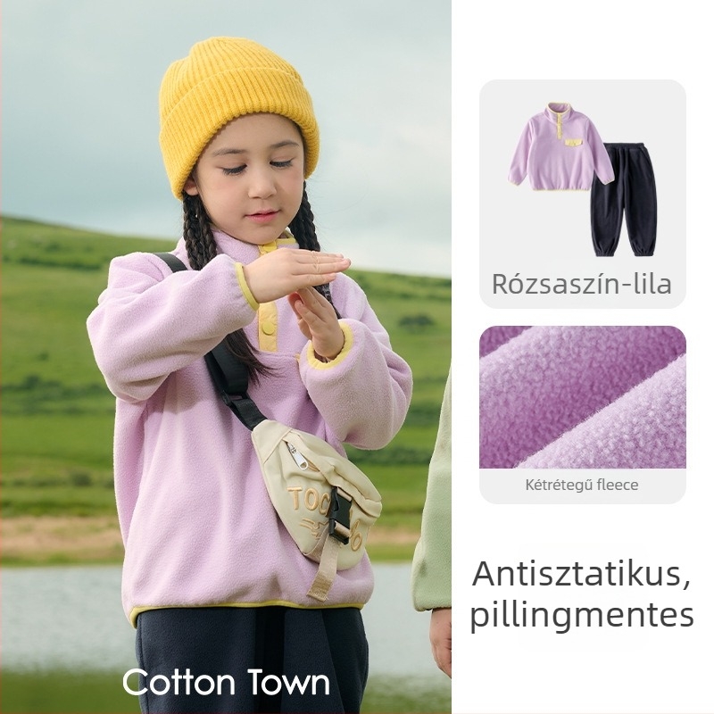 Két darabos gyerekeknek szánt fleece készlet – antistatikus, hosszú ujjú, kapucni nélküli, rajzfilm mintával, uniszex