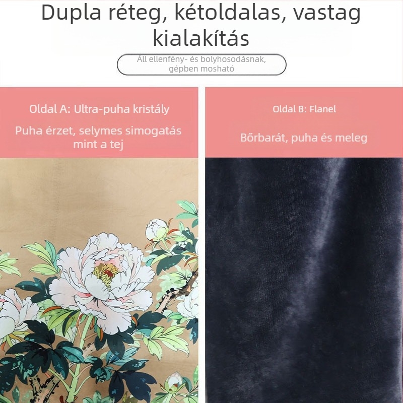 Kristályos bársony flanell takaró - kétoldalas vállkendő, virágos mintával, négy évszakos, súly 500–800 g, egyedi gyártás elérhető
