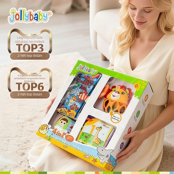 Jollybaby Újszülött ajándékcsomag a korai fejlődéshez: textil könyv és csörgő játékokkal 0–6 hónaposoknak