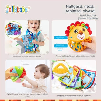 Jollybaby Újszülött ajándékcsomag a korai fejlődéshez: textil könyv és csörgő játékokkal 0–6 hónaposoknak