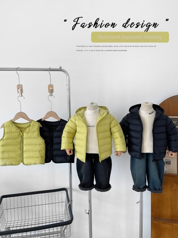 Kisgyerekeknek szóló koreai stílusú téli tollkabát, kacsa toll 86–90%, rövid szabás, laza szabás, nem levehető kapucni