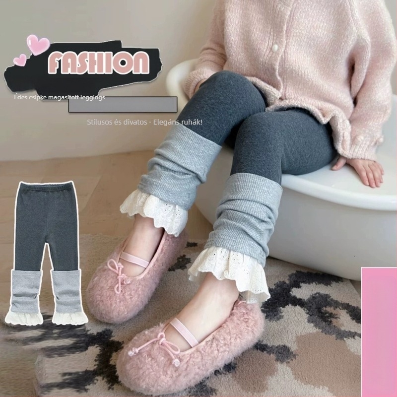 Koreai stílusú csipkés pamut leggings lányoknak, 90% pamut, hosszú szárú, középmagas derekú, 3-8 éveseknek