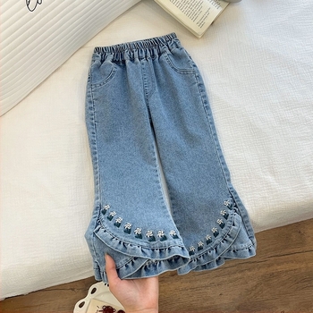 Lányoknak készült denimnadrág trapéz szabásban, középmagas derekú, pamutból készült, karcsú szabás, 3-8 éveseknek, tavasz-ősz
