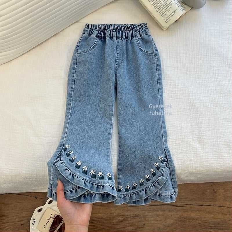 Lányoknak készült denimnadrág trapéz szabásban, középmagas derekú, pamutból készült, karcsú szabás, 3-8 éveseknek, tavasz-ősz