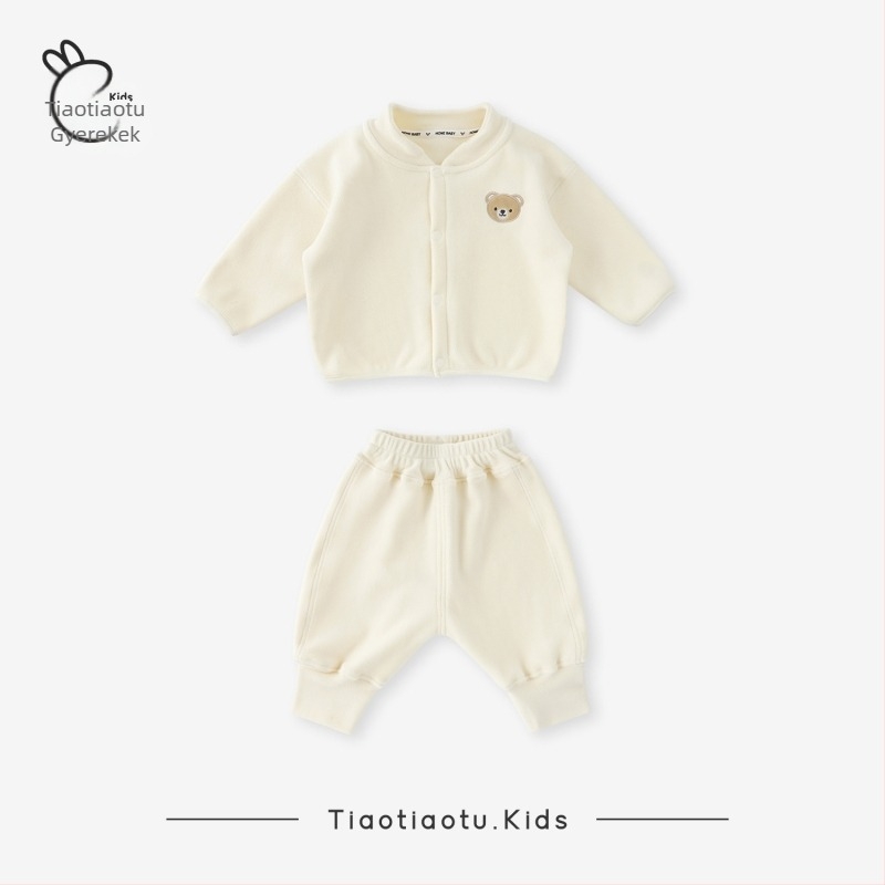 Két darabos gyermekruhafelső ősz/tél, uniszex, oatmeal knit anyag, 93% poliészter, hosszú ujjú felső, hosszú nadrág, zárás egy sor gombbal, Cartoon mintával