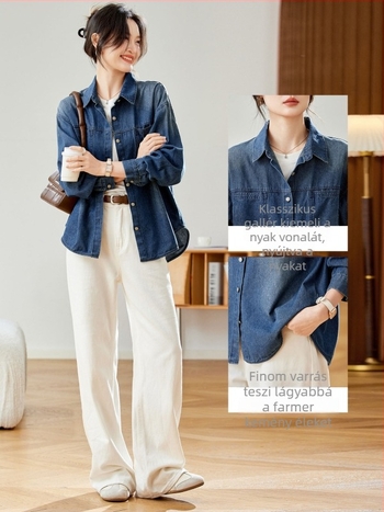 Női denim ingkabát, vintage mosott, laza szabású, hosszú ujjú, középső hosszúságú, őszi-téli 2025