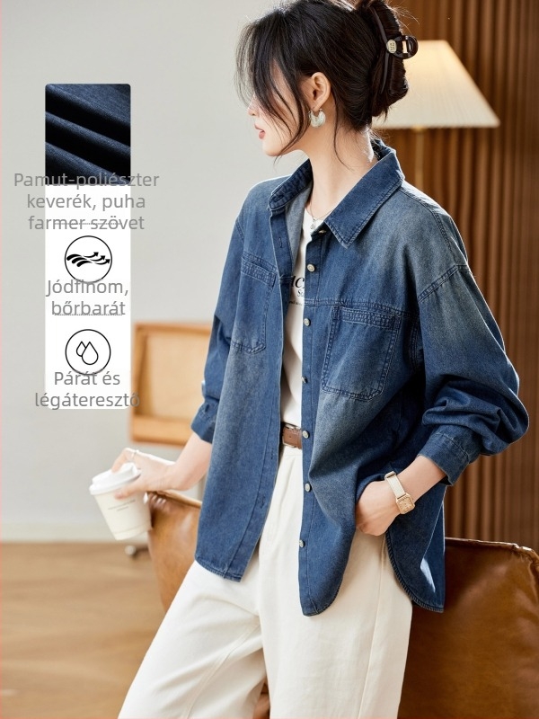 Női denim ingkabát, vintage mosott, laza szabású, hosszú ujjú, középső hosszúságú, őszi-téli 2025