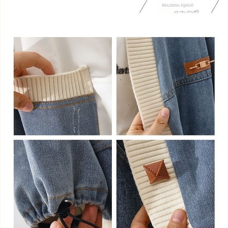Patchwork denim kabát nőknek, hongkongi stílus, lazább szabás, V-nyakú, zsebes varrás