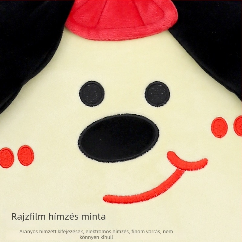 Autóhoz való párna-takaró kutyás karikatúrával, hímzett felület, ultra puha rövid plüss, PP pamut töltet, karikatúra mintázat, testreszabás elérhető