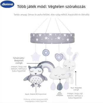 Újszülött plüss ágyikó csörgő – akasztós, zenés forgó játék, állatos témájú, 0–3 éveseknek (Plüss; Csörgő és zenés forgás; 0–3 év)