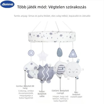 Újszülött plüss ágyikó csörgő – akasztós, zenés forgó játék, állatos témájú, 0–3 éveseknek (Plüss; Csörgő és zenés forgás; 0–3 év)