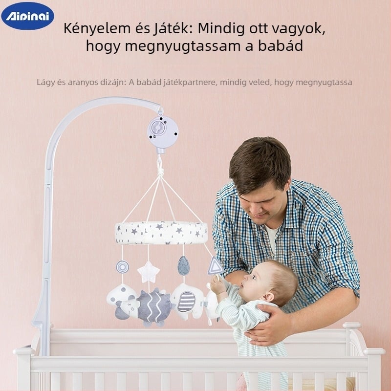 Újszülött plüss ágyikó csörgő – akasztós, zenés forgó játék, állatos témájú, 0–3 éveseknek (Plüss; Csörgő és zenés forgás; 0–3 év)