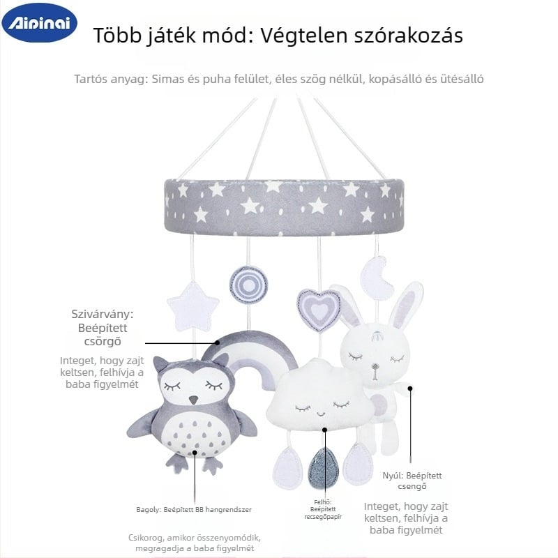 Újszülött plüss ágyikó csörgő – akasztós, zenés forgó játék, állatos témájú, 0–3 éveseknek (Plüss; Csörgő és zenés forgás; 0–3 év)