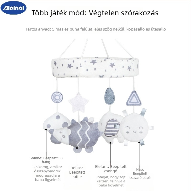 Újszülött plüss ágyikó csörgő – akasztós, zenés forgó játék, állatos témájú, 0–3 éveseknek (Plüss; Csörgő és zenés forgás; 0–3 év)