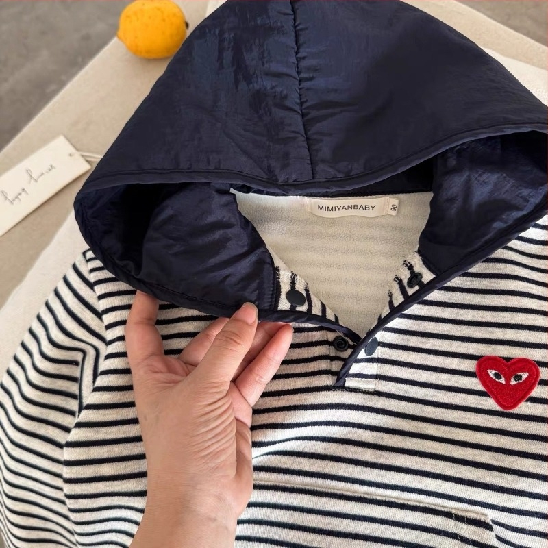 Gyerekeknek készült vastag fleece kapucnis pulóver, csíkos pamut anyagból, gyapjú bélés, téli viselet