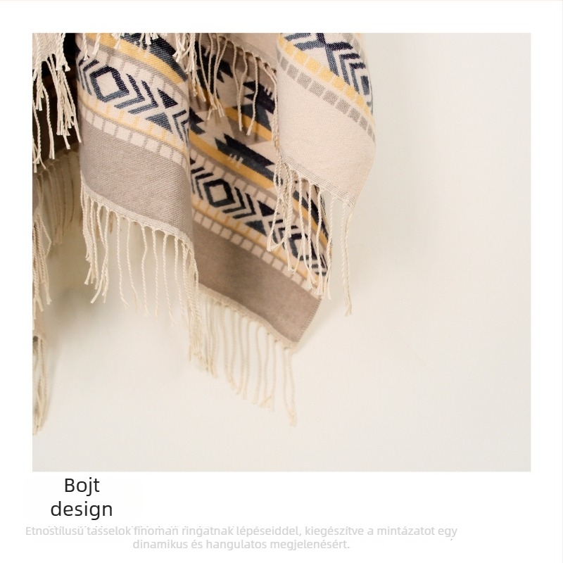 Női váll-sál poncsó, poliészter, geometriai minta, retro etnikus stílus, jacquard szövés